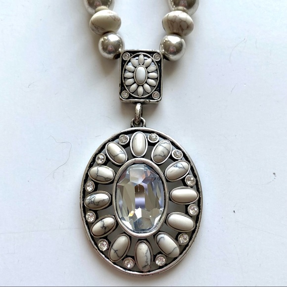 Arts and Crafts (A&C) Silver, Glass and White Natural Stone Statement Necklace - Picture 2 of 8